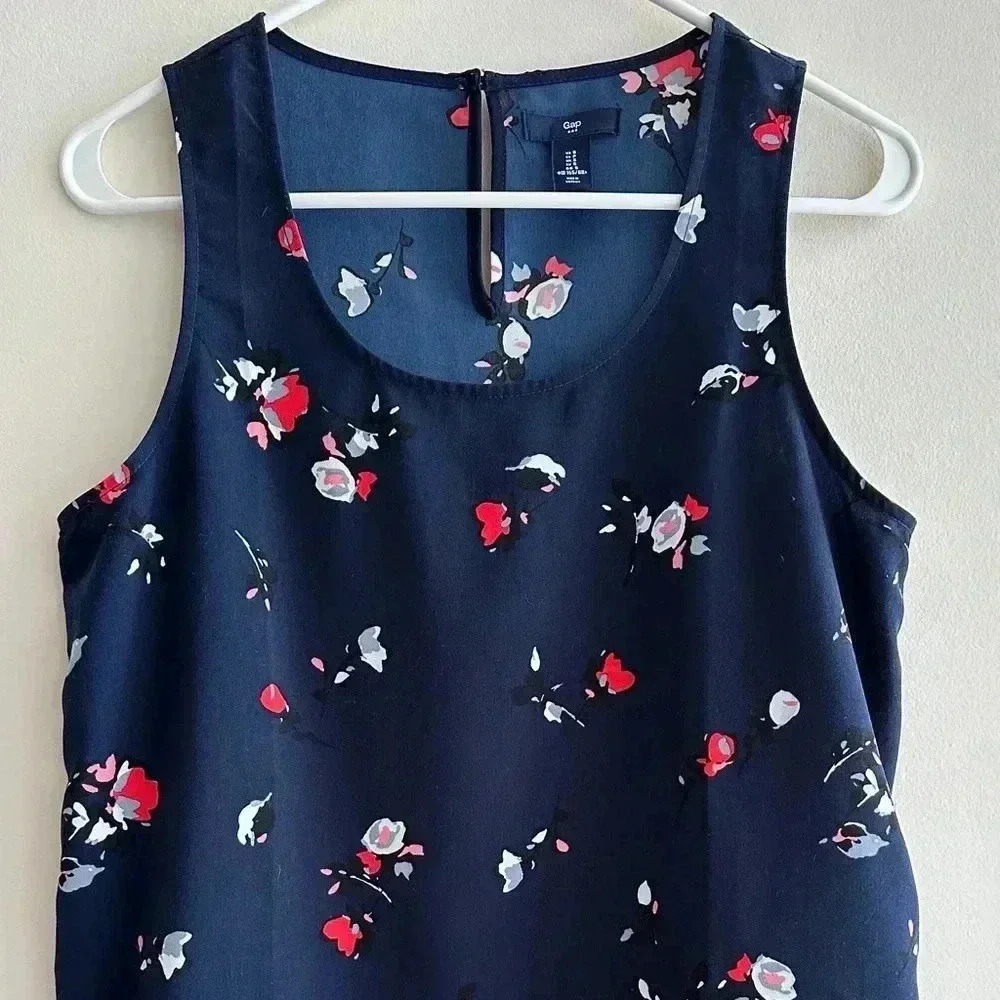 GAP Navy Blue Tank Top with Flowers, Square Tank Top, Layering Tank, Size Small - Picture 2 of 16